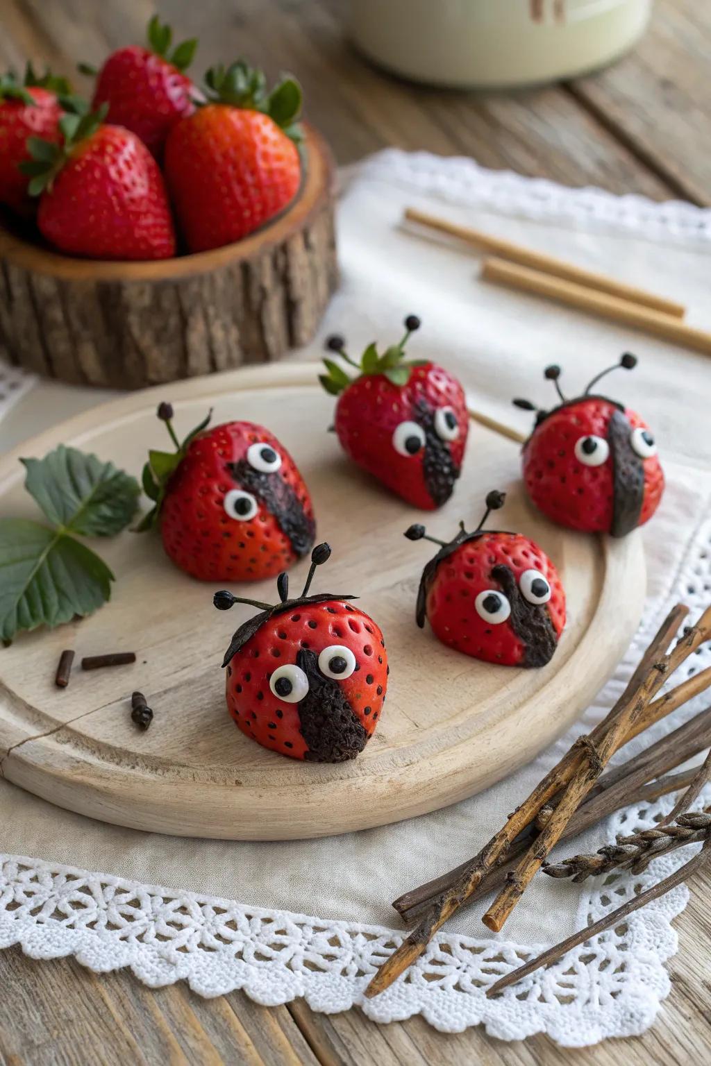 Appealing strawberry 'ladybugs' poised to enchant your attendees.