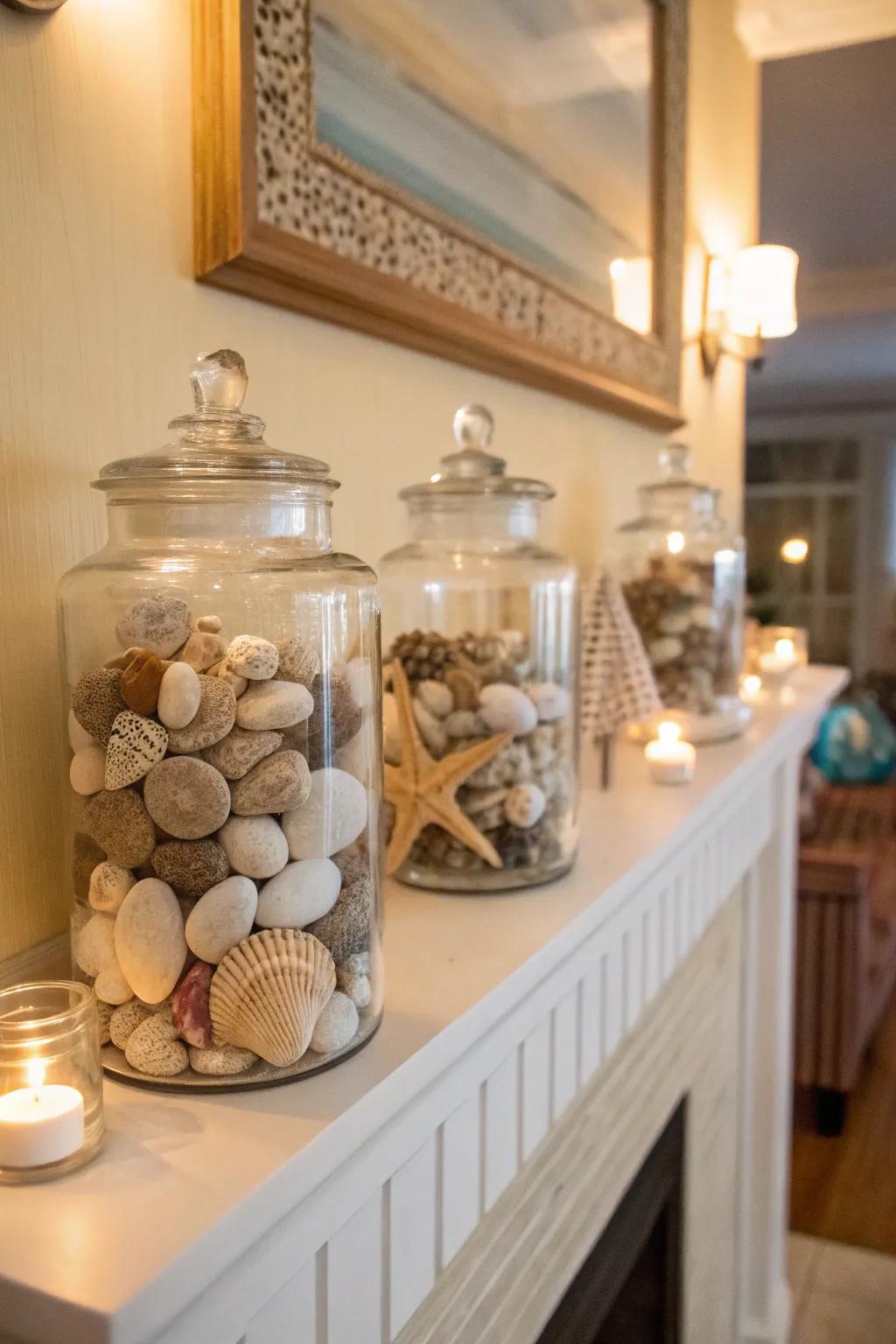 Effortless elegance displayed through glass containers filled with seashells and small stones.