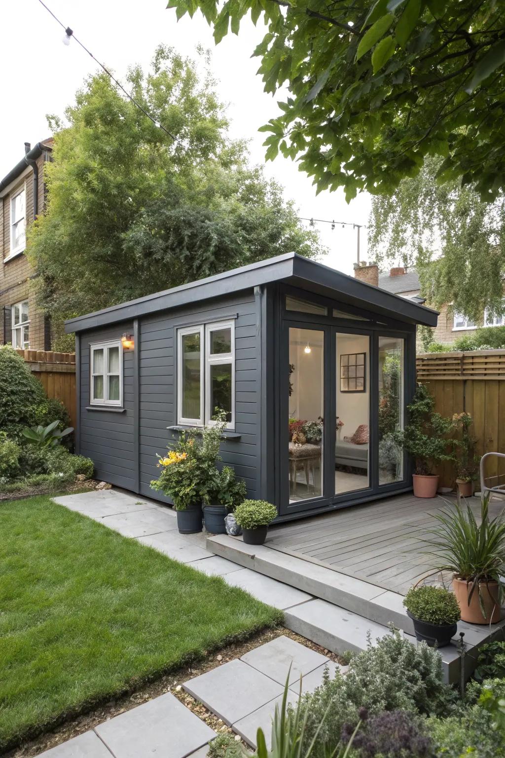 A sleek summer house in elegant graphite, perfect for urban gardens.