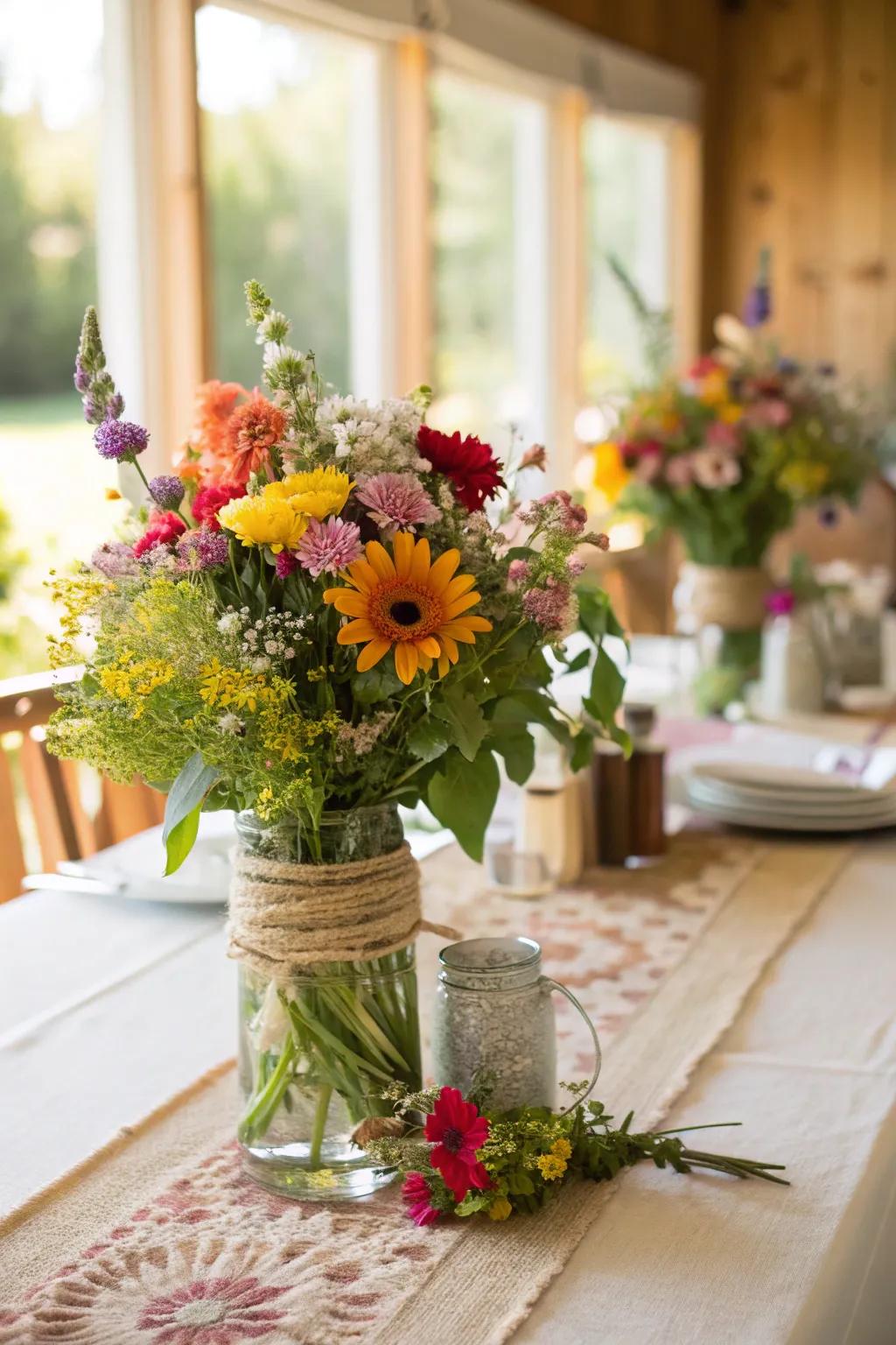 A table showcasing handmade floral centerpieces.