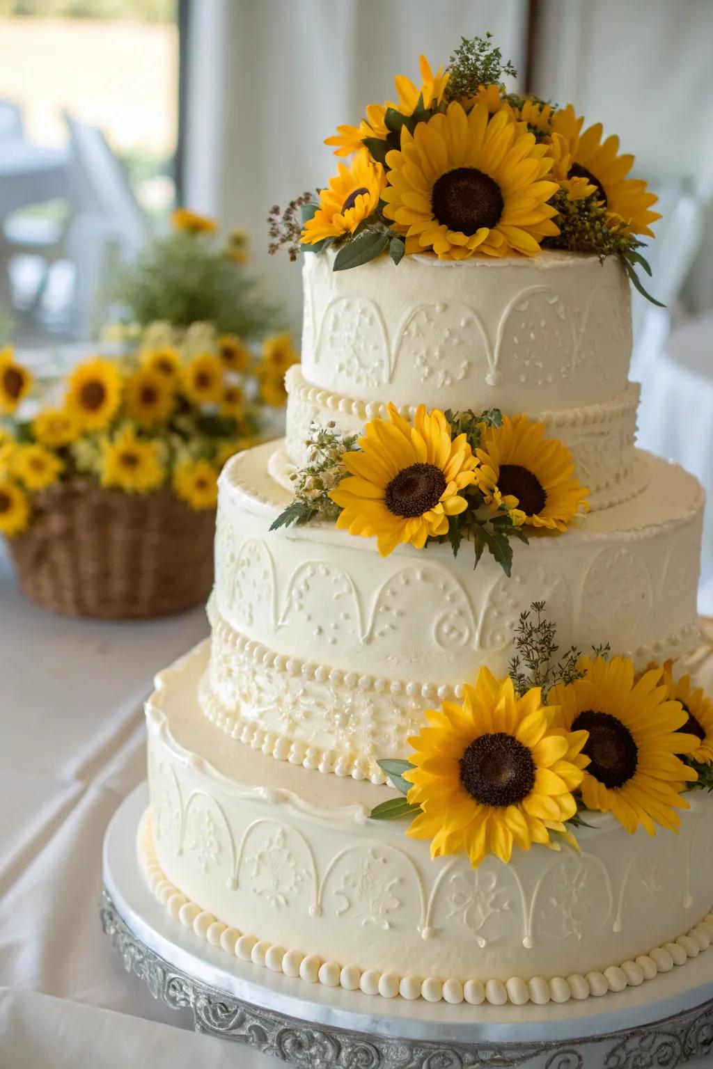 A marriage cake embellished with charming sunshine bloom crowns.