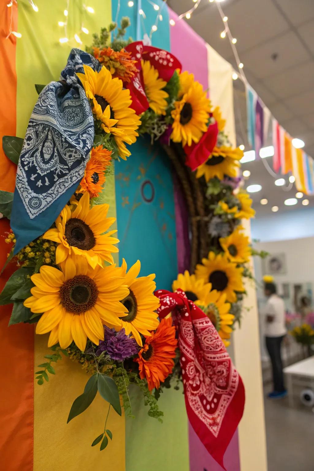 A cheerful and energetic kerchief segment sunflower wreath.