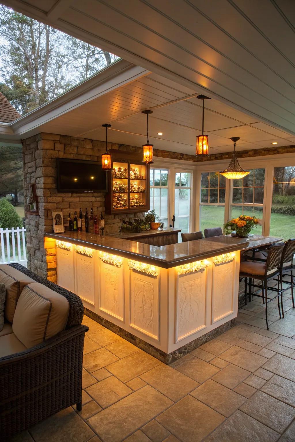 Highlight lighting enhances key features and injects warmth into your sunroom bar.