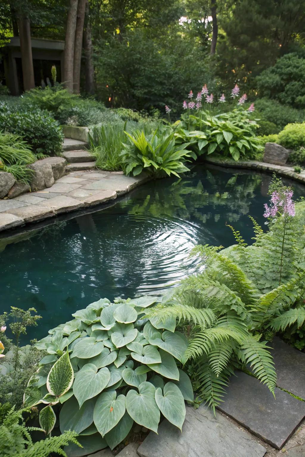 Lush plants around the pond enhance its natural beauty.