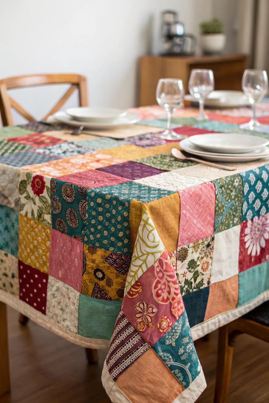Patchwork tabletops impart a personal and inventive element.