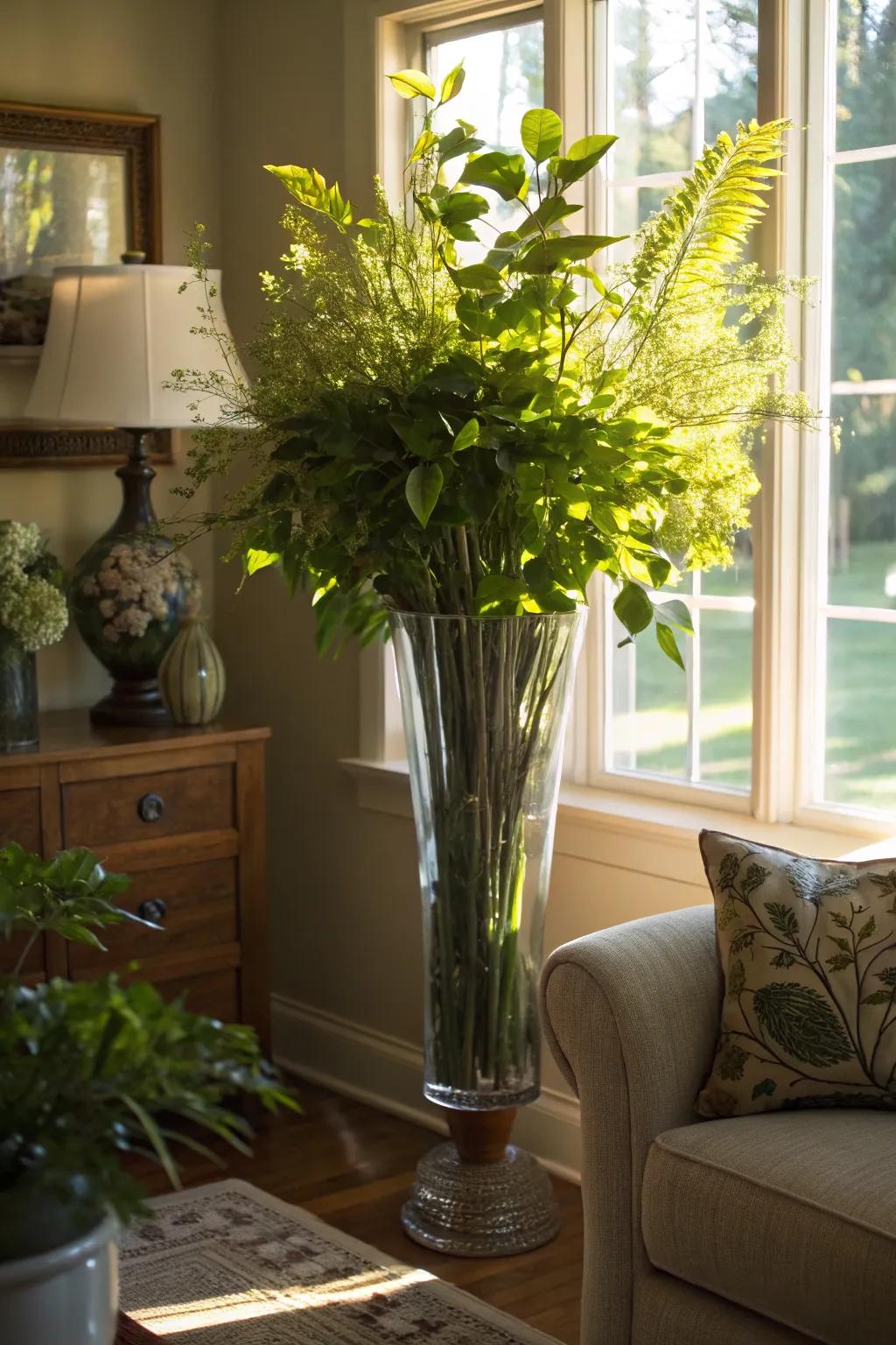 A tall glass vase brimming with verdant foliage, brightening up a sunlit section of the living area.