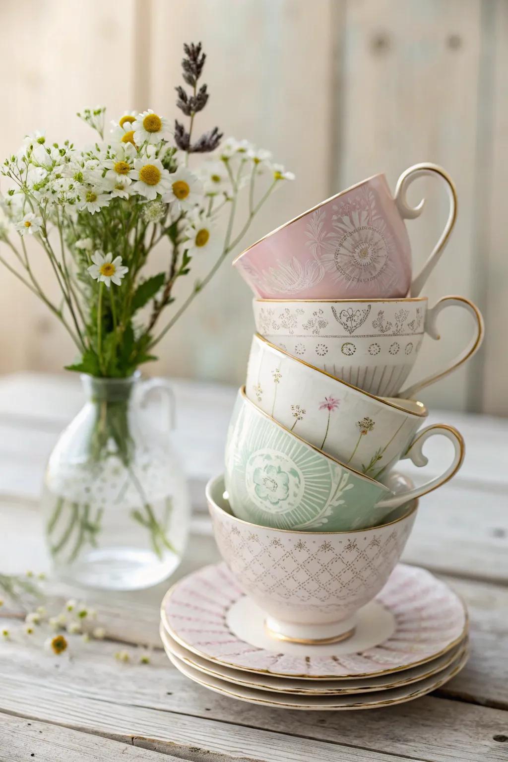 Lift your table arrangement with a fanciful teacup focal piece, excellent for lending elegance to any celebration.