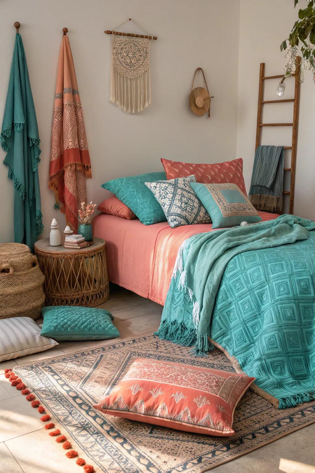 An assortment of weaves in sea-green and sunset-orange, creating an embracing vibe.