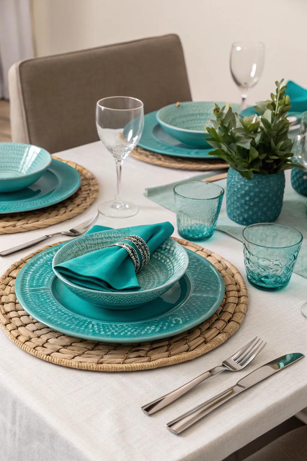 Teal service ware introduces a subtle hint of refinement
