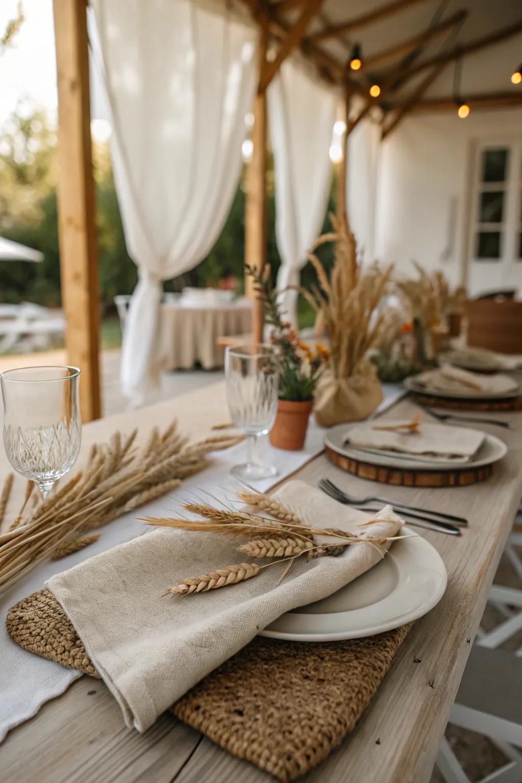 Grain-tied fabrics impart a countryside sophistication to your table.