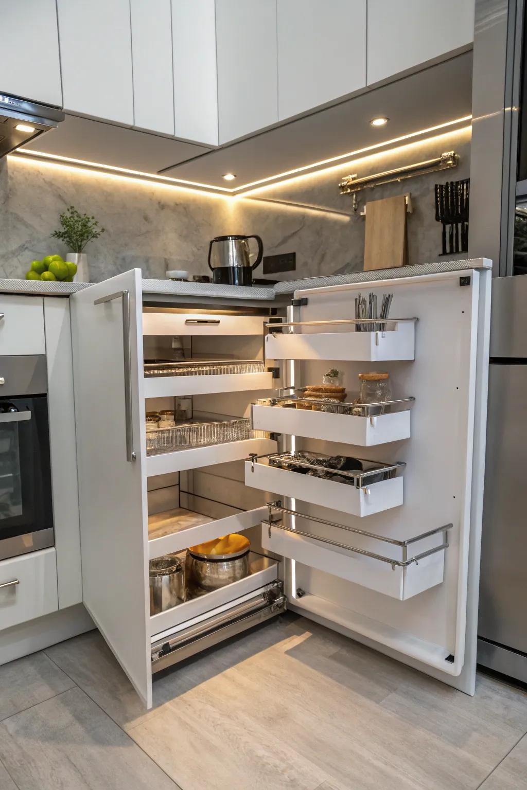 Innovative storage maximizes the use of corner spaces.