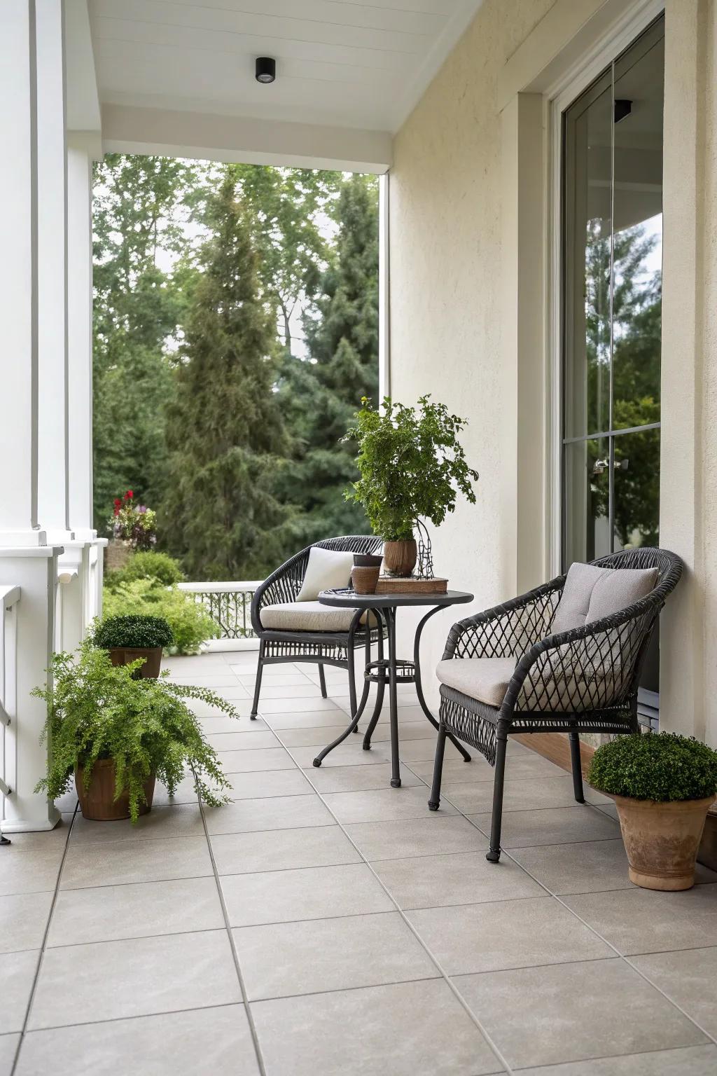 Minimalistic tiles bring a serene elegance to this porch.
