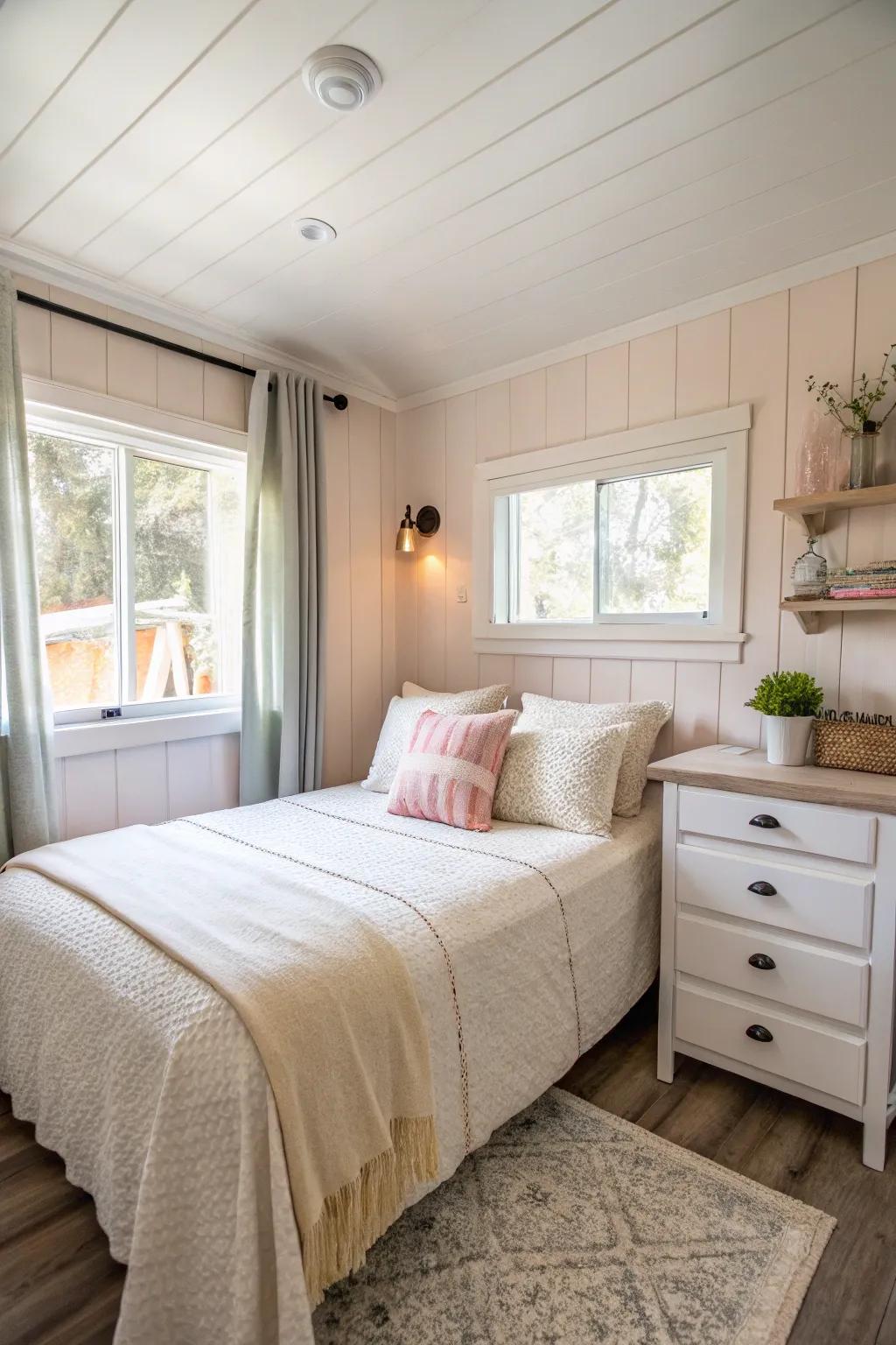 A calming neutral palette that makes the bedroom feel more spacious.