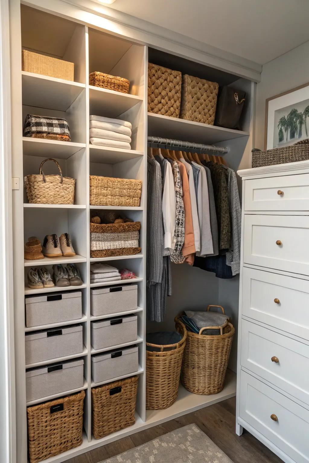 Transform chaos with stylish baskets and drawers.