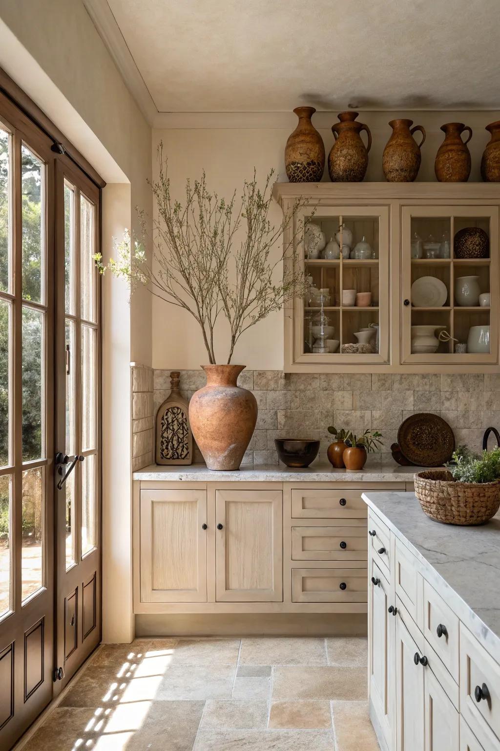 Achieve elegance with neutral-toned decor above your cabinets.