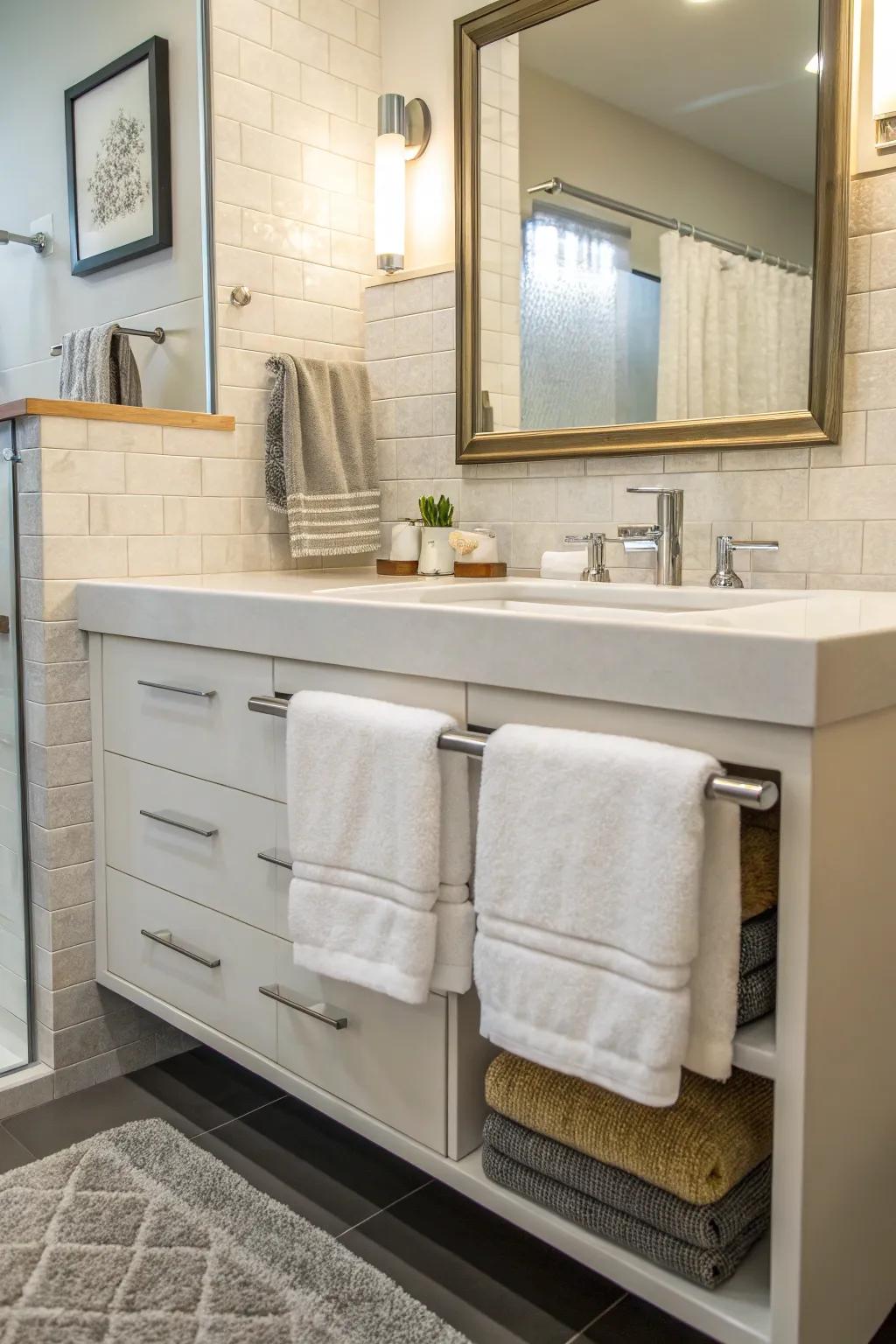 Optimize space by positioning a towel rail beneath the sink.