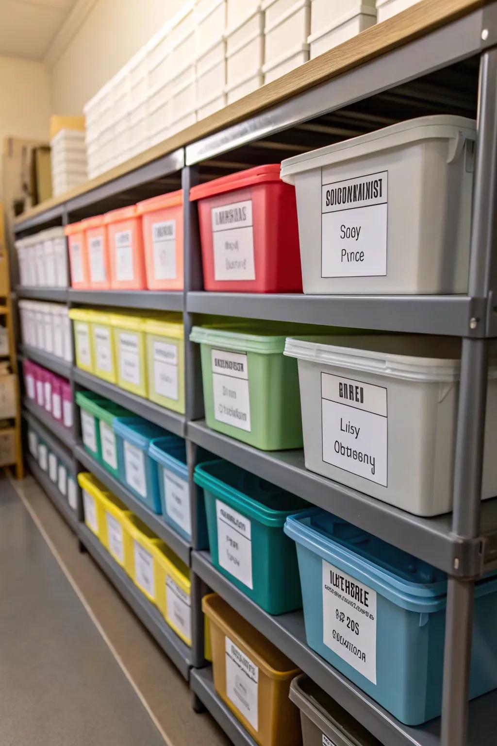 Labels aid in preserving ordered and manageable toy arrangement.