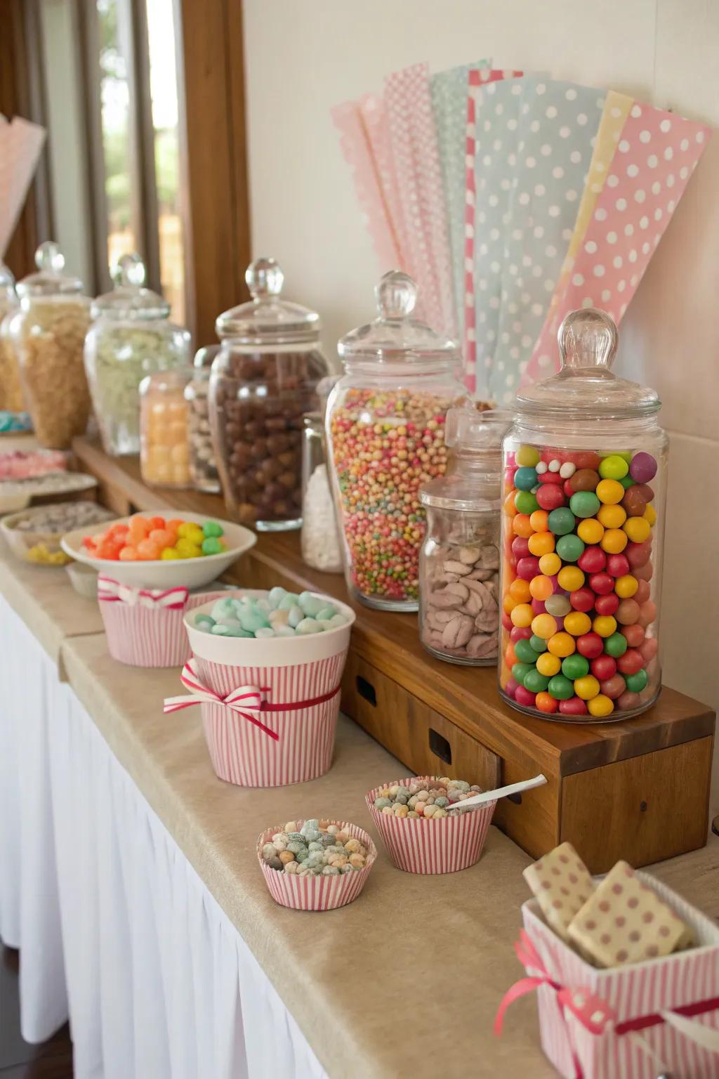 Sweet station with containers of different candies.