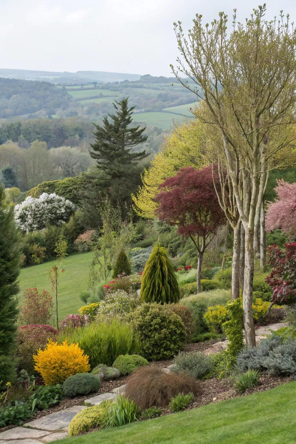 Add variety using mixed tree types along garden borders.