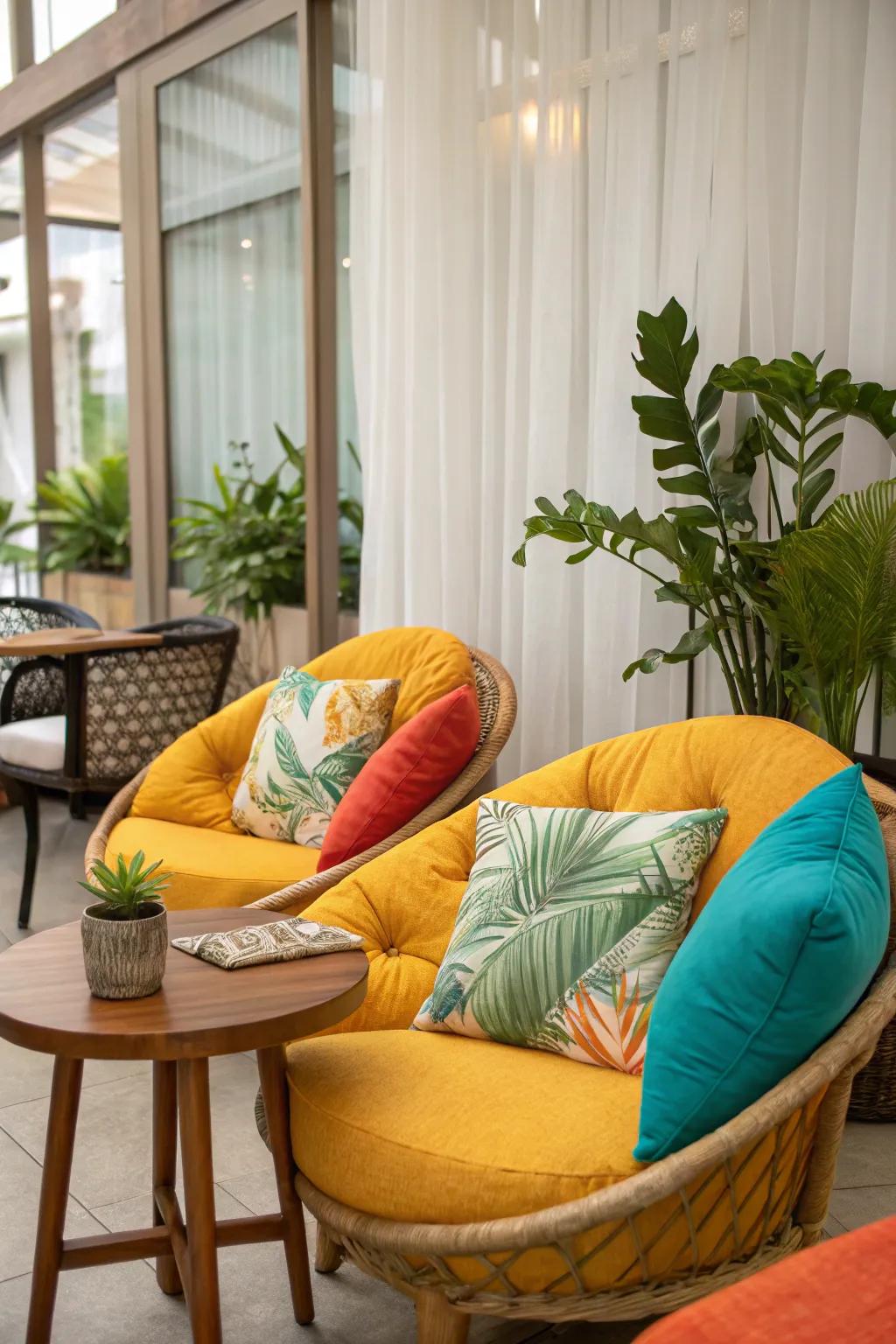 Snug seating with opulent cushions heightens the tropical sensation.
