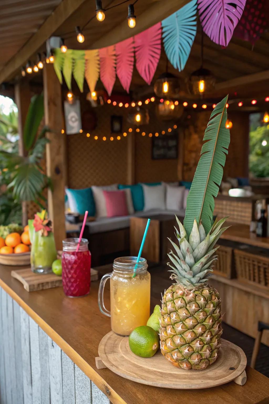 A cocktail mixing corner introduces a reviving touch.
