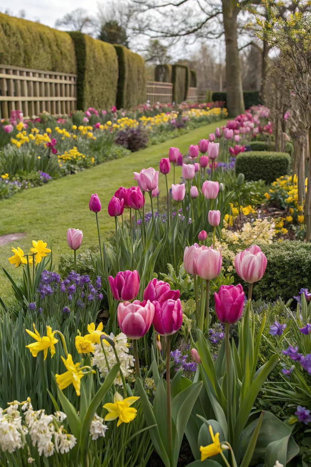 Spring unfolds: Tulips in a seasonal garden display.