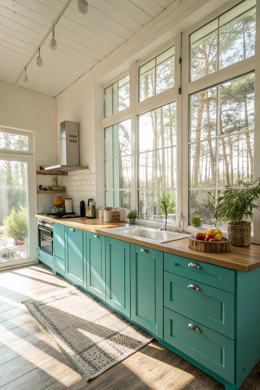Natural light amplifying the vibrancy of turquoise kitchen cabinets.