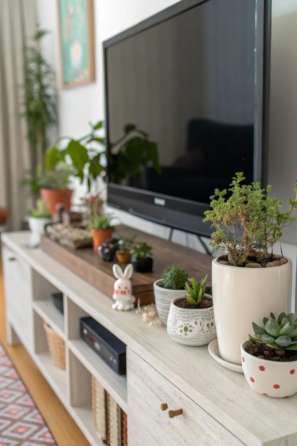 Foliage and ornamentation infuse warmth and individuality into your TV stand.