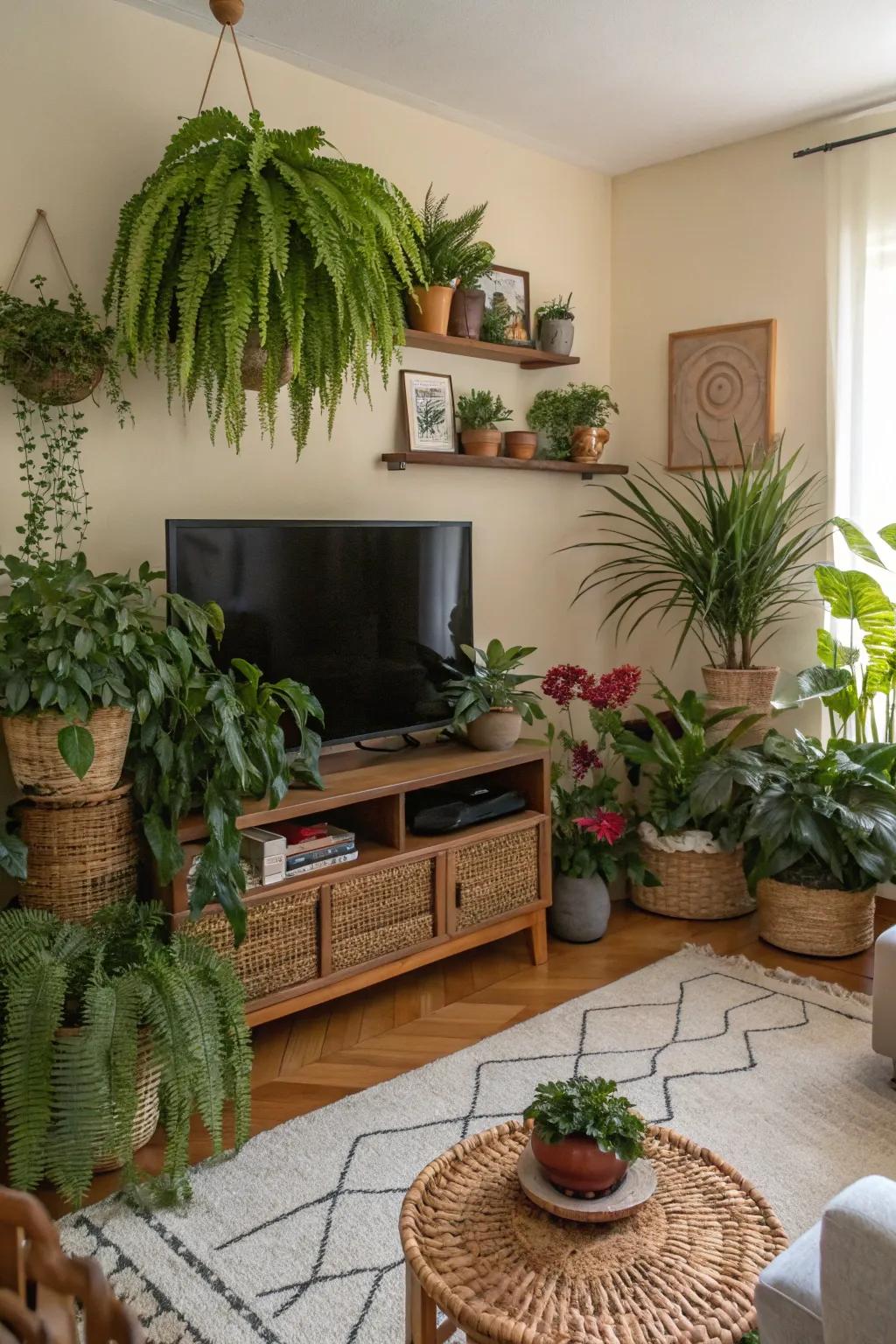 Greenery enlivens and infuses color into this TV wall design.
