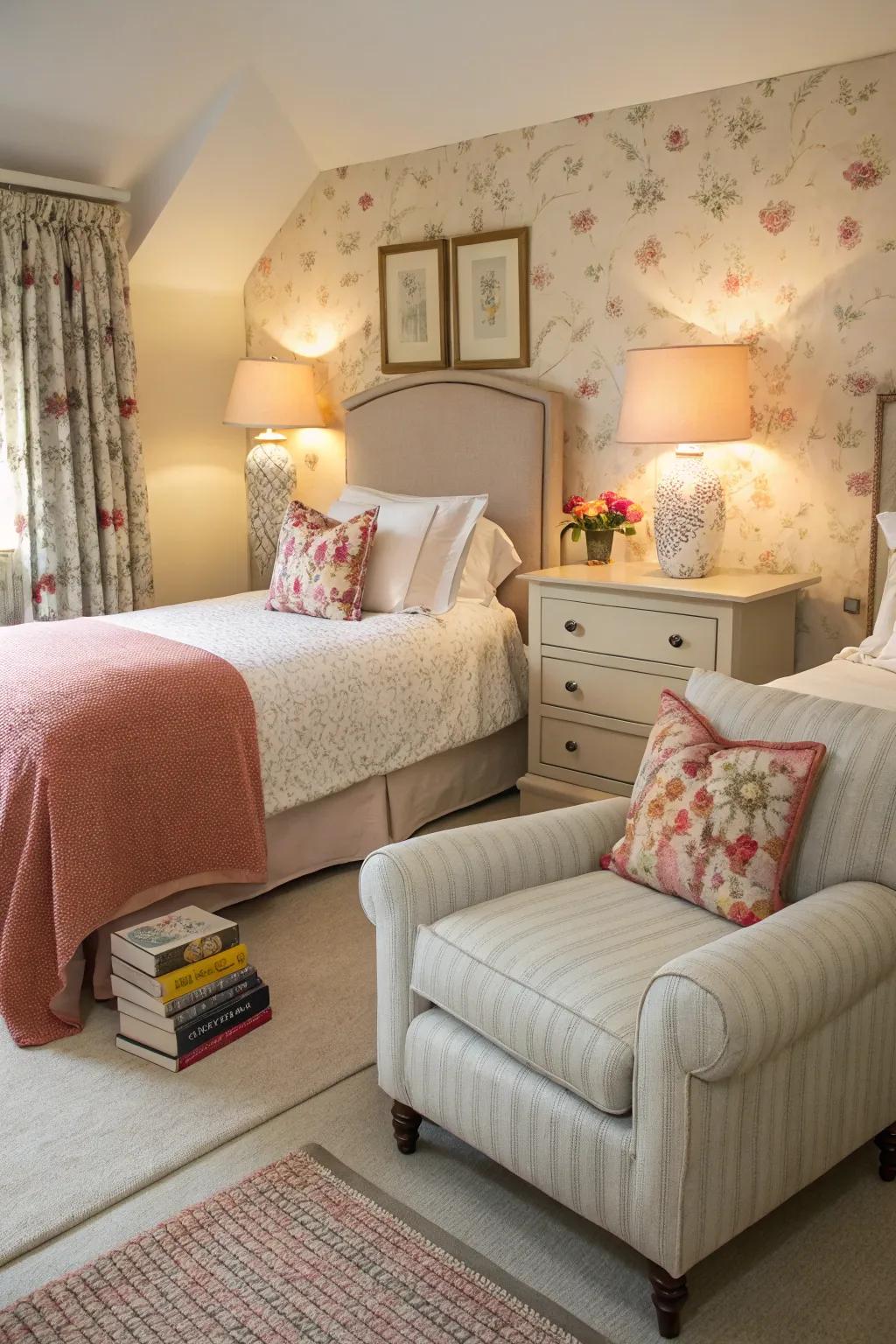 The shared bedroom benefits from the addition of accent furniture.