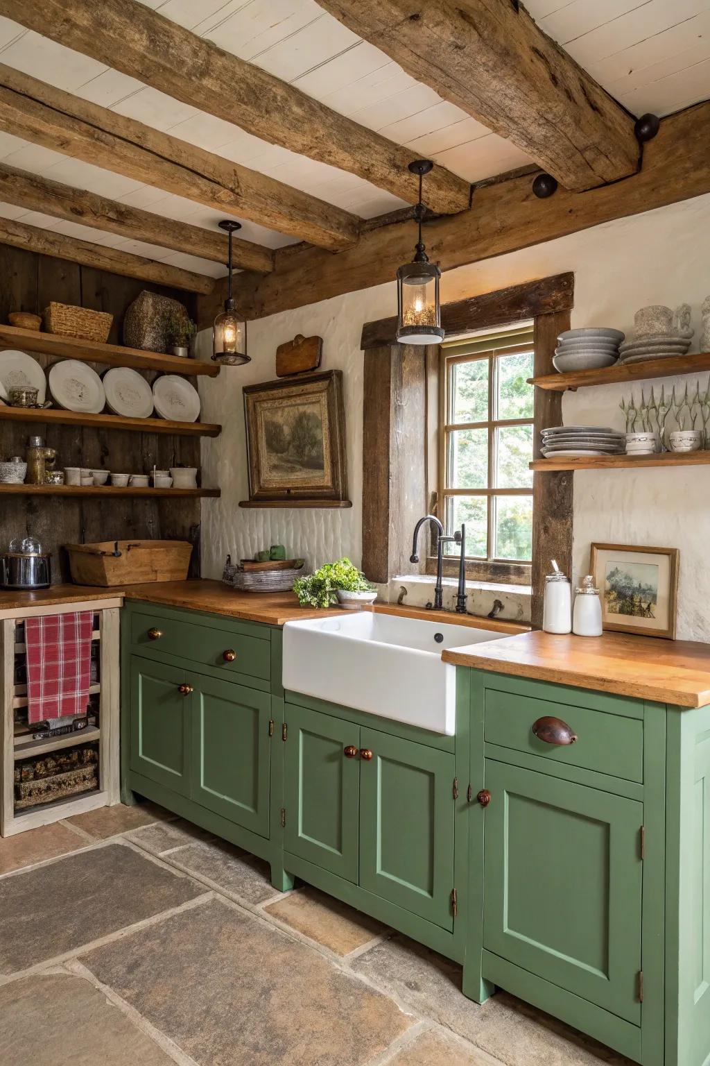 Country charm with emerald and timber cabinets for a farmhouse feel.