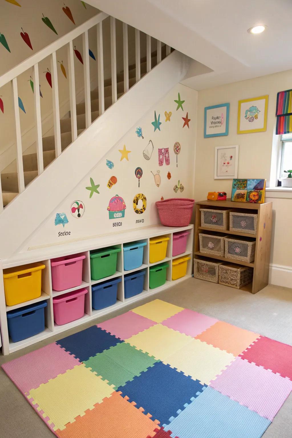 A cheerful hideaway for children under the stairs.