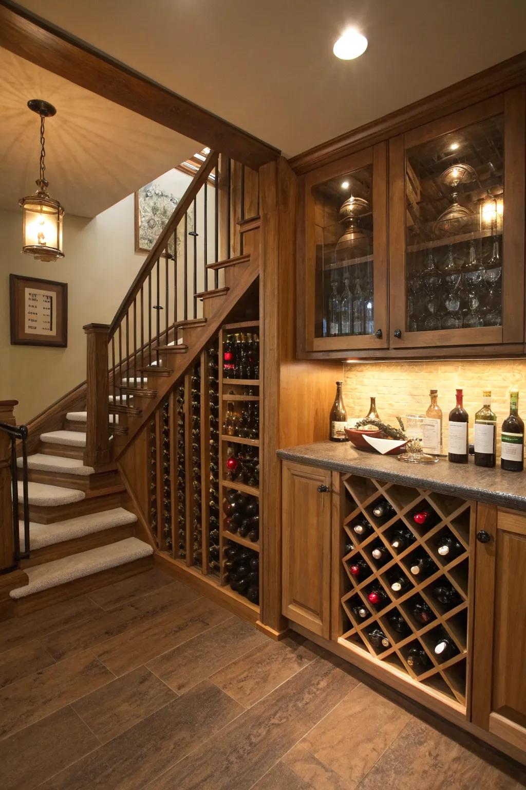 An elegant wine storage area beneath the staircase for wine enthusiasts.