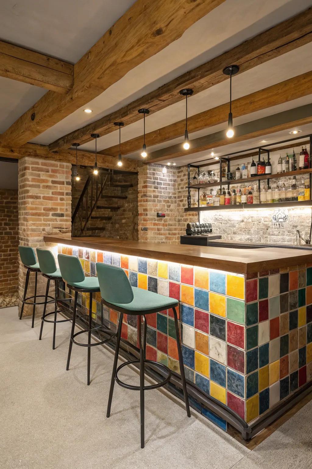 A striking wall cladding infuses character into the bar.
