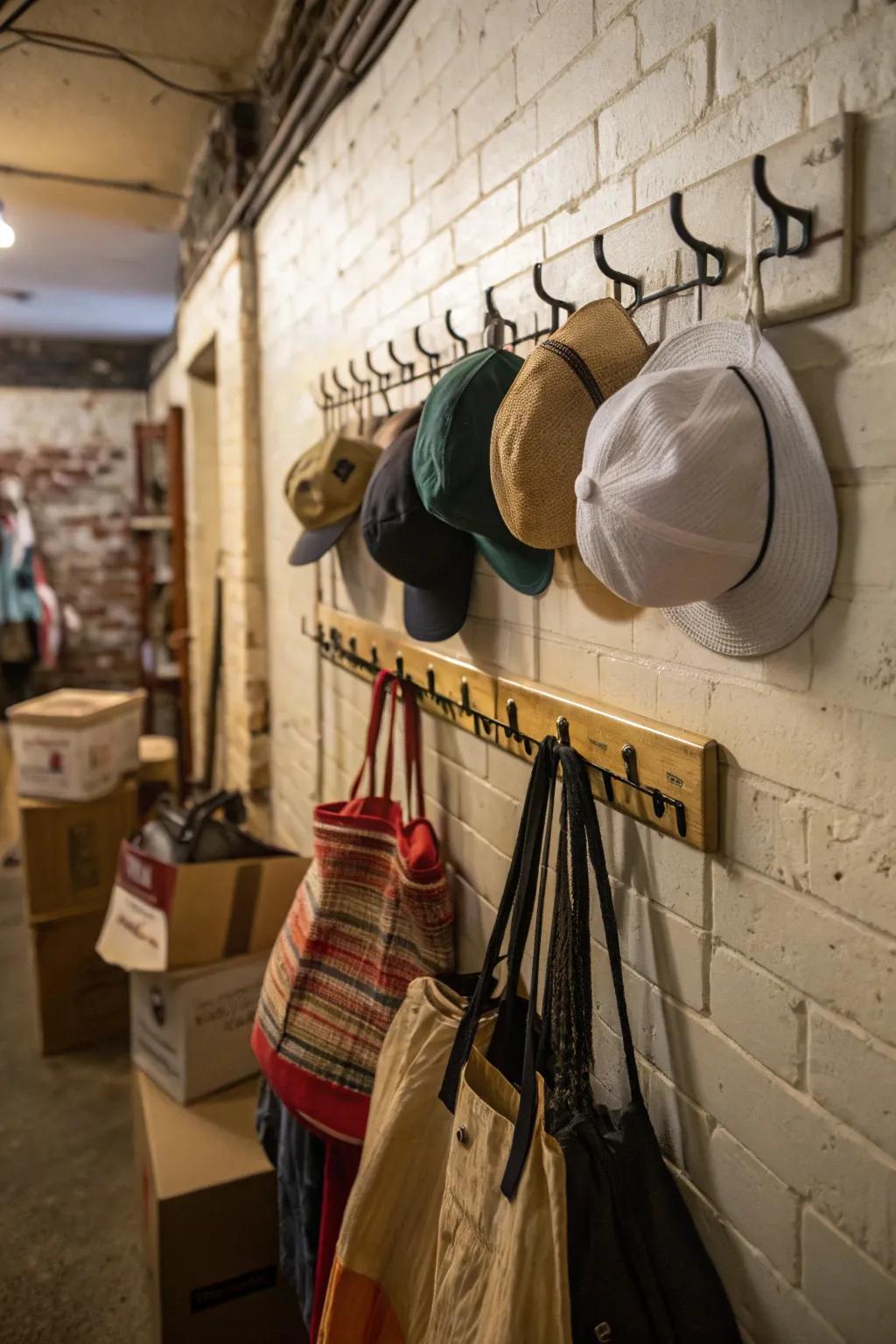 Racks and hooks use wall space wisely.