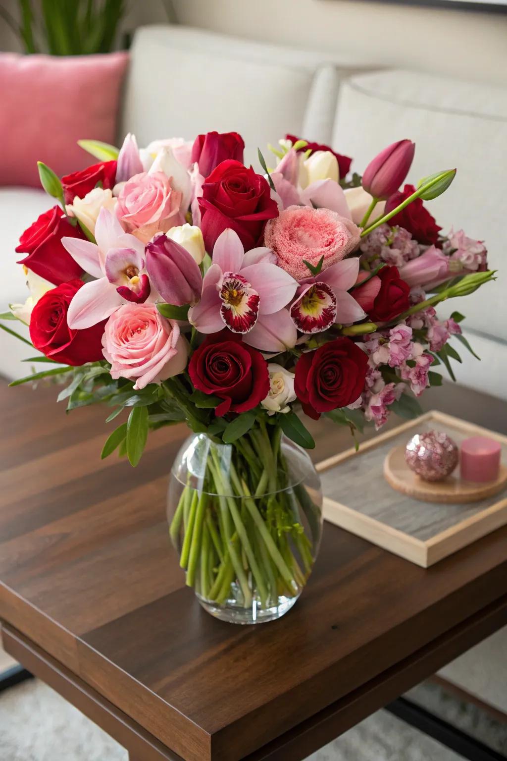 Bouquet featuring roses, tulips, and orchids.