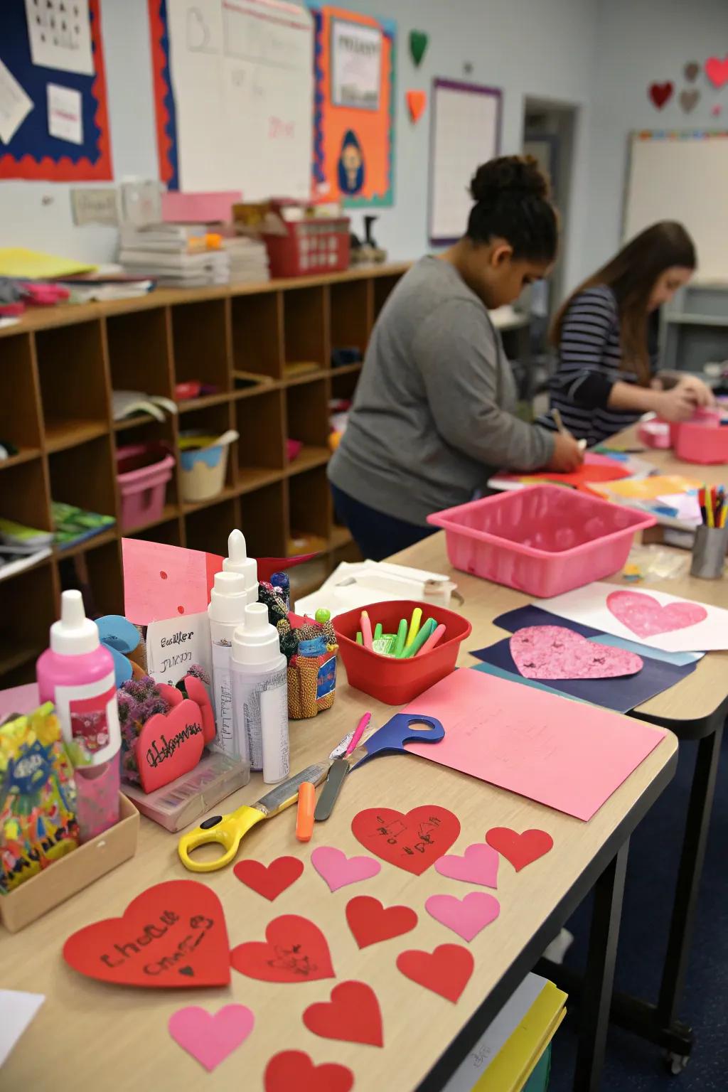 A creative area where students craft their personalized Valentine's Day ornaments.