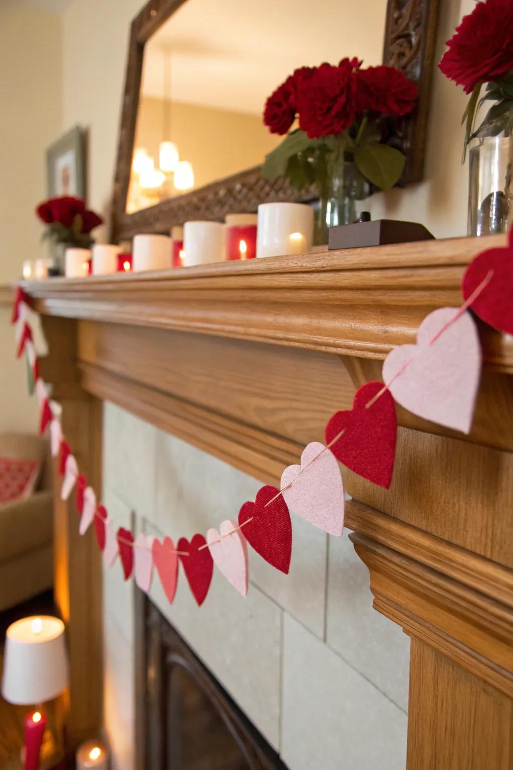 A festive corazón chain introduces playfulness to the mantel.