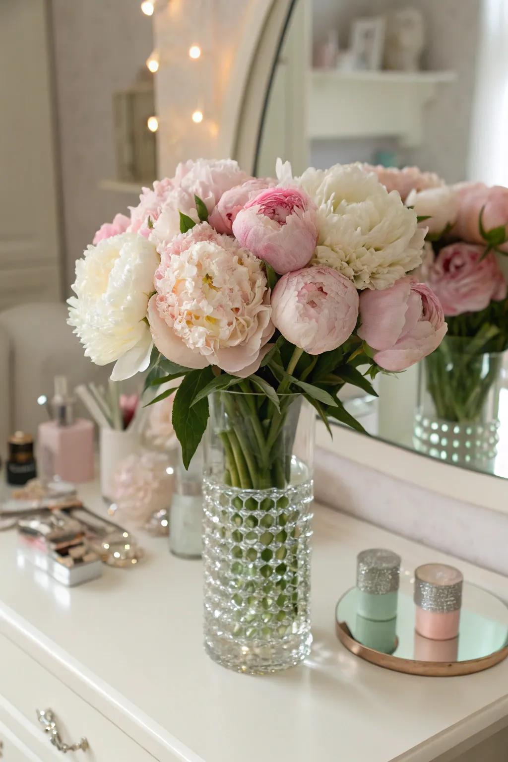Romantic peony arrangement infusing refinement into a vanity.
