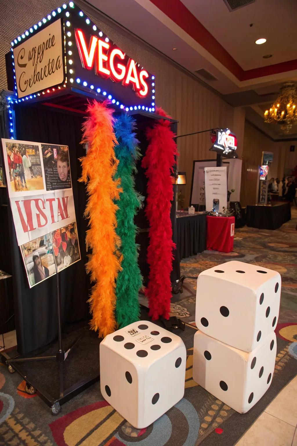 A Vegas-themed photo booth provides the perfect backdrop for capturing joyous moments.
