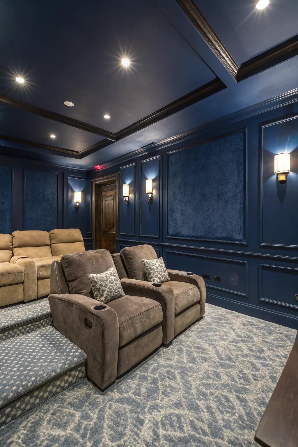 With dark Venetian plaster walls, create a movie-like atmosphere.
