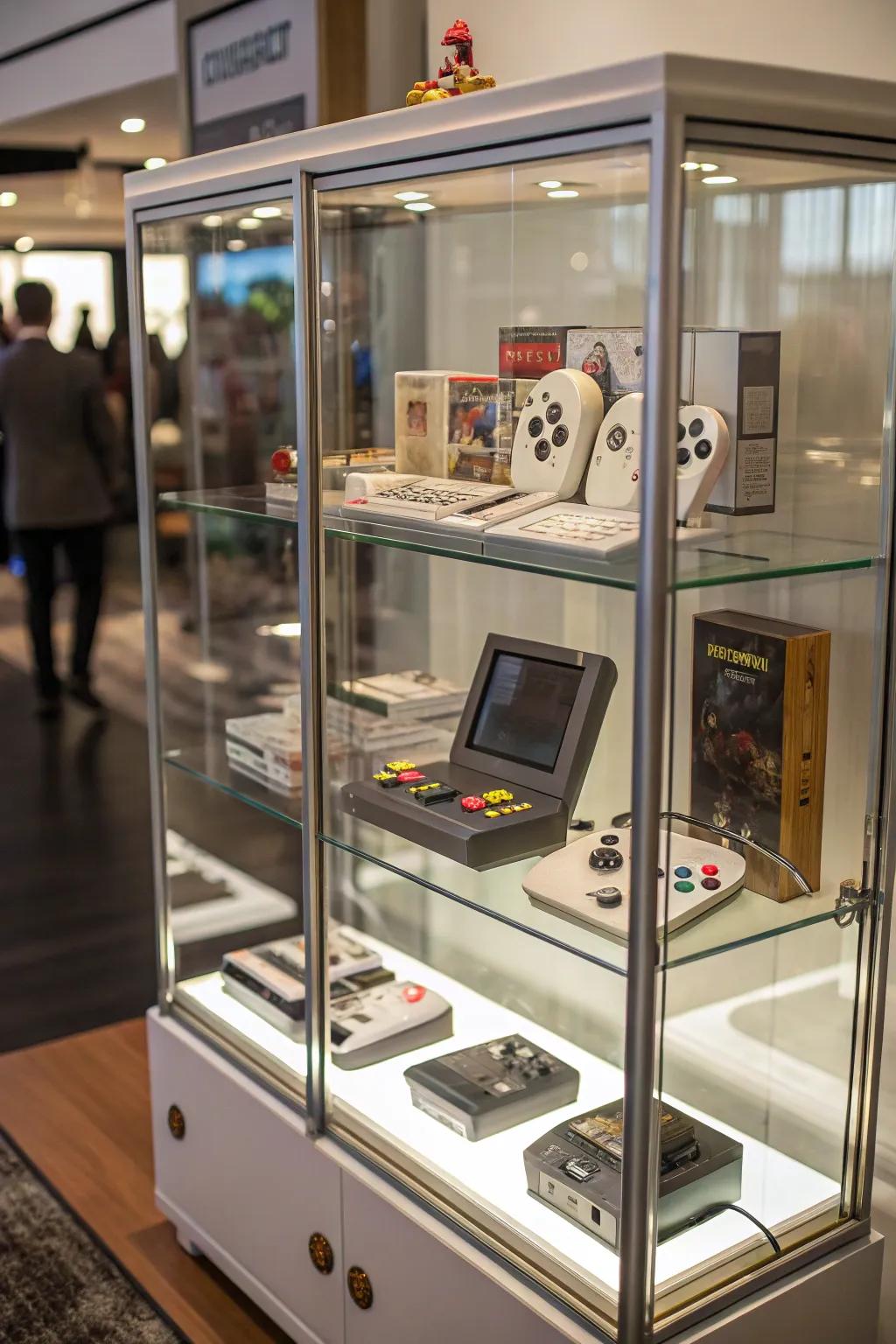 A glass display vault offering an unobstructed view of video games and collectibles.