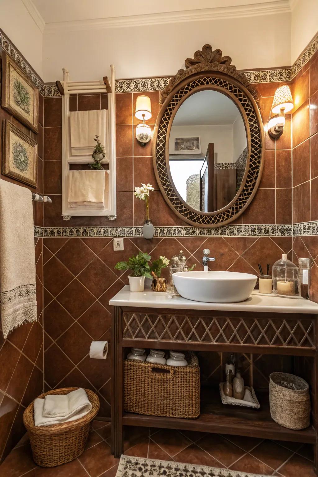 Retro trimmings amplify the vintage allure of brown tiles.