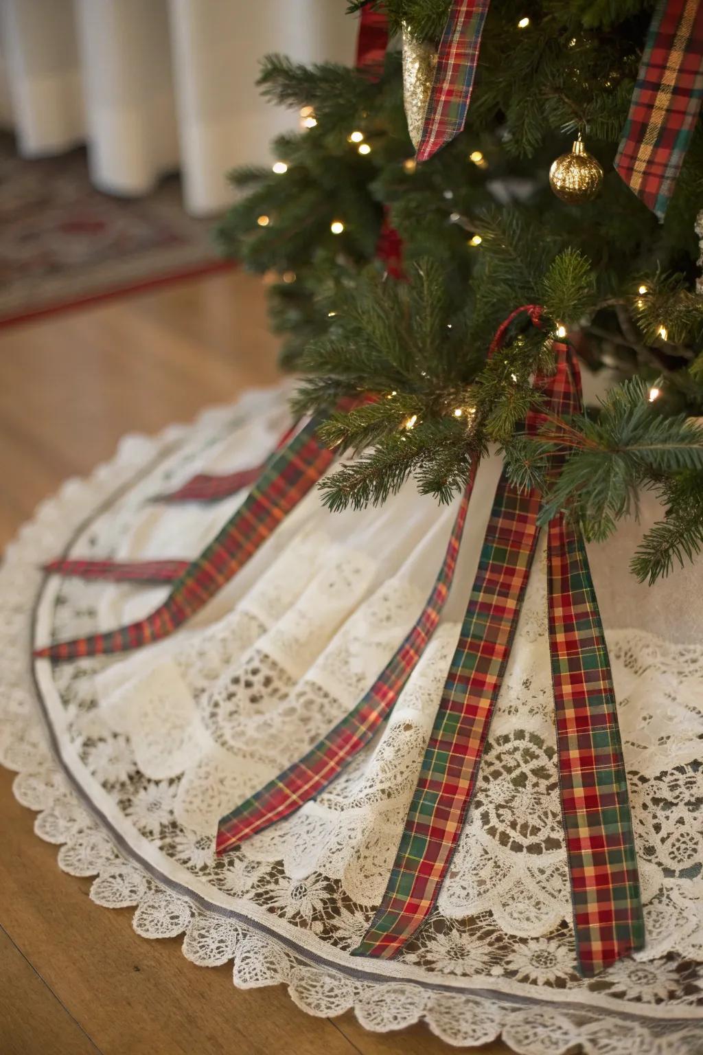 Heritage textiles contribute grace to this holiday display.