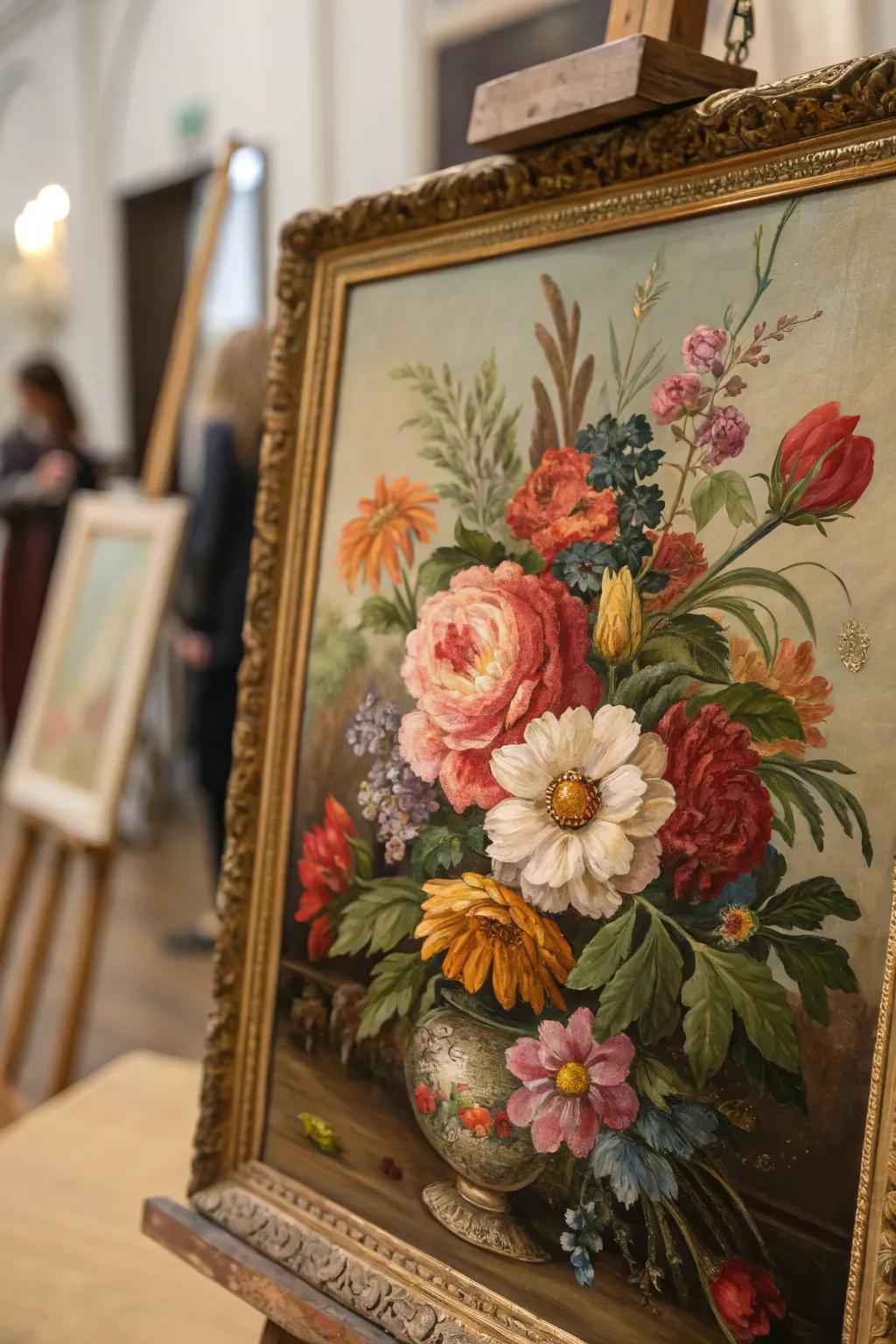 Floral paintings fill spaces with vibrancy and energy.
