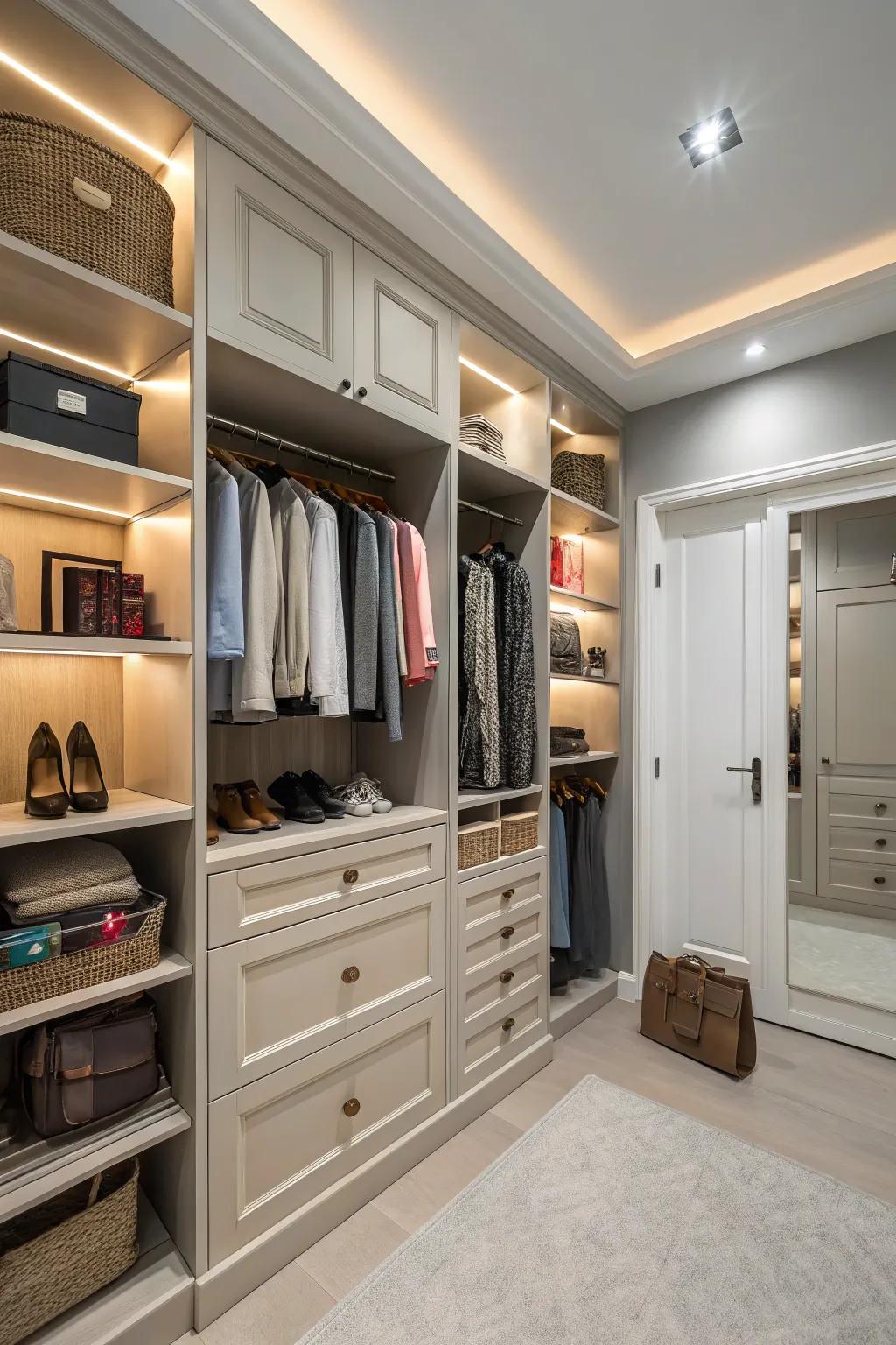 A walk-in closet highlighting an equilibrium between available and enclosed storage systems.