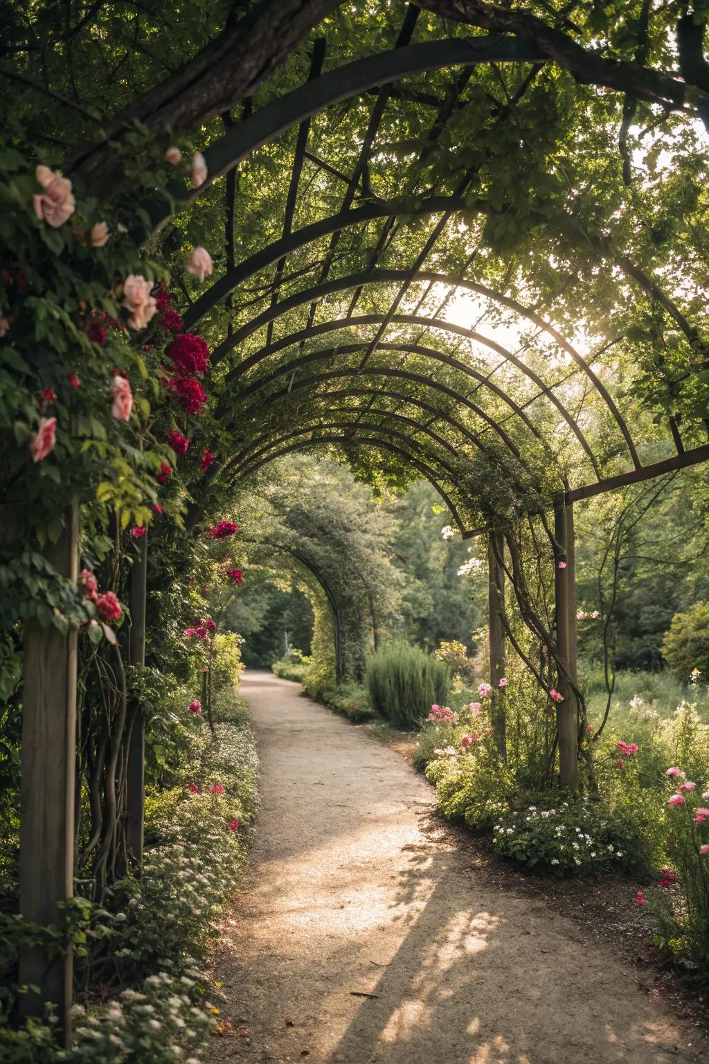 Branch trellis arches deliver a whimsical, storybook sensation to garden pathways.