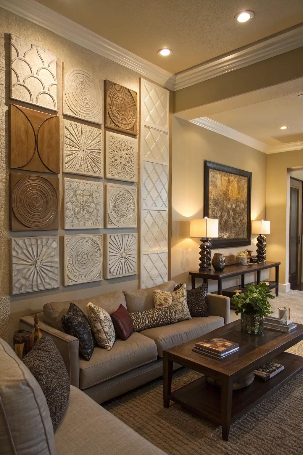 Living space showcasing textured wall art for added depth.