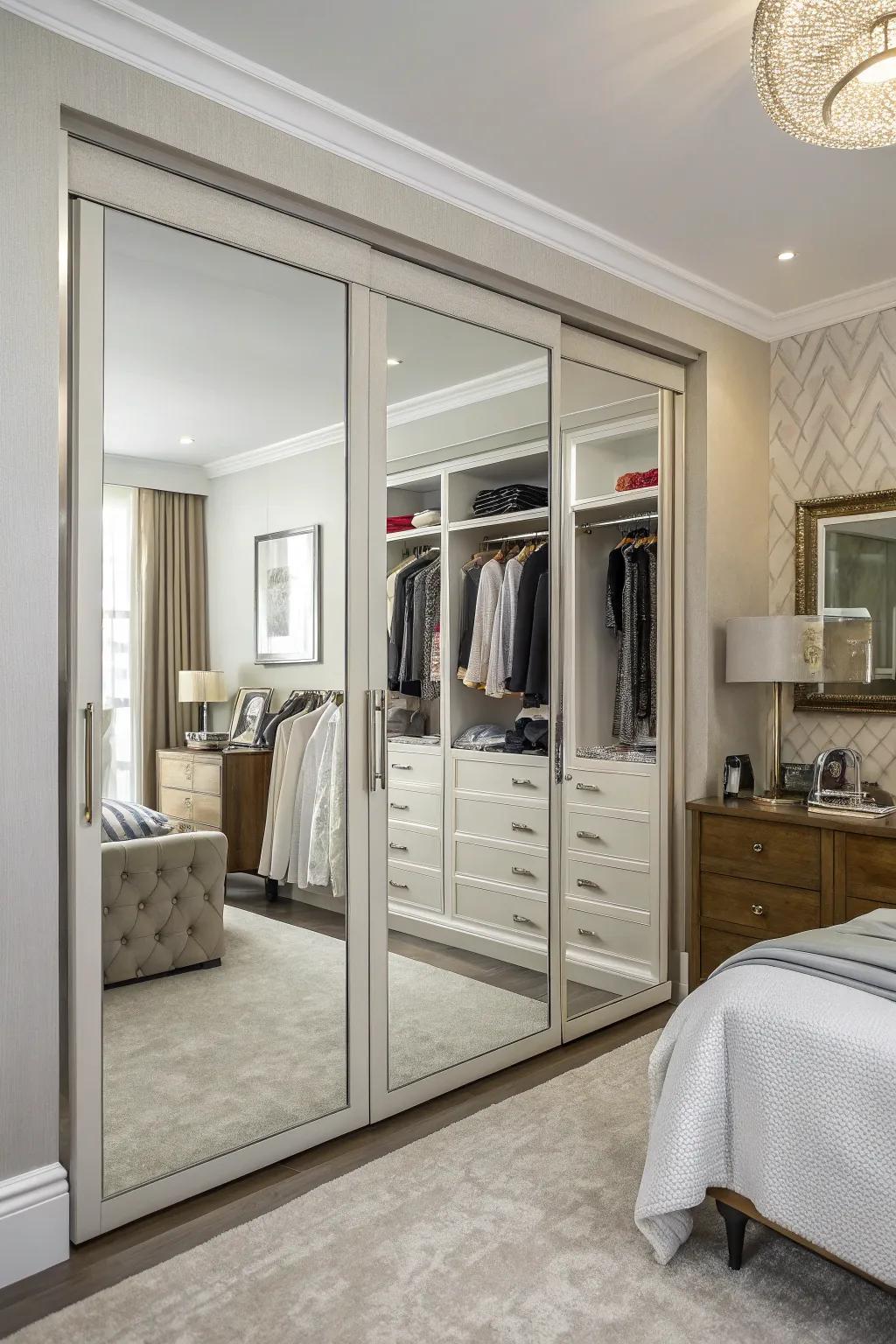 Mirrored doors on a wall closet enhance the sense of spaciousness.