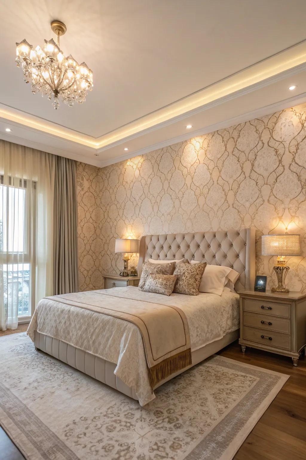 Textured wall coverings enhance elegance and beauty.